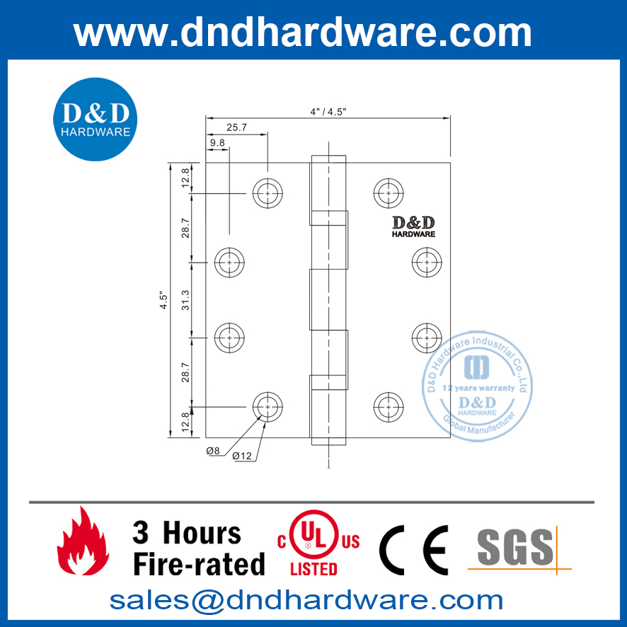 Charnière de porte en acier inoxydable 316 argentée répertoriée UL - DDSS002-FR-4.5X4.5X3