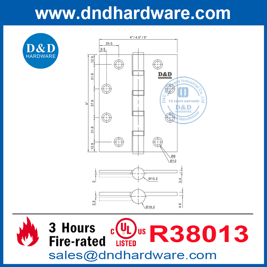UL Listé Fire noté 4,6 mm d'épaisseur de porte robuste Hinge-DDSSS008-FR-5X4.5x4.6
