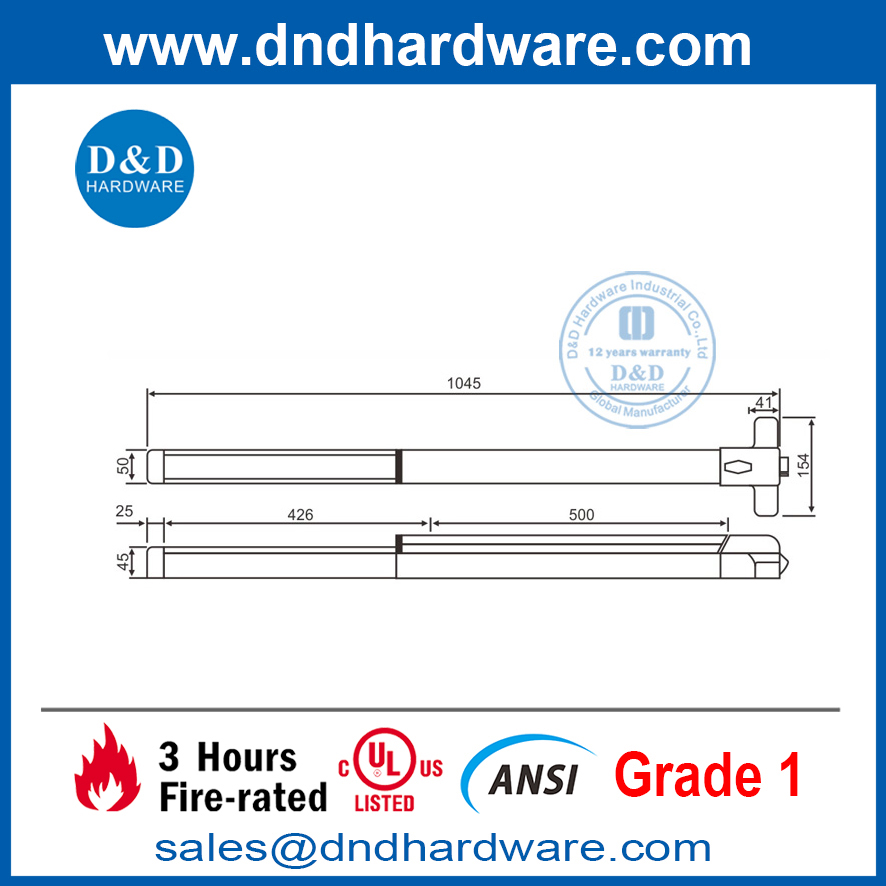 Fire Exit Hardware SS304 Dispositif de sortie de jante avec fonction Dogging - DDPD007